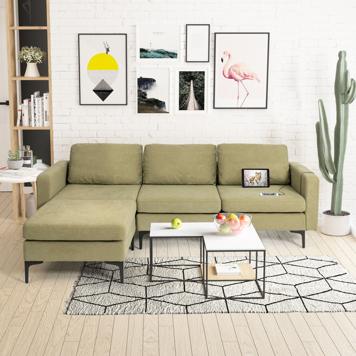 Modular L-shaped Sectional Sofa with Reversible Chaise and 2 USB Ports-Green-Sofas & Loveseats-DECOROLALA