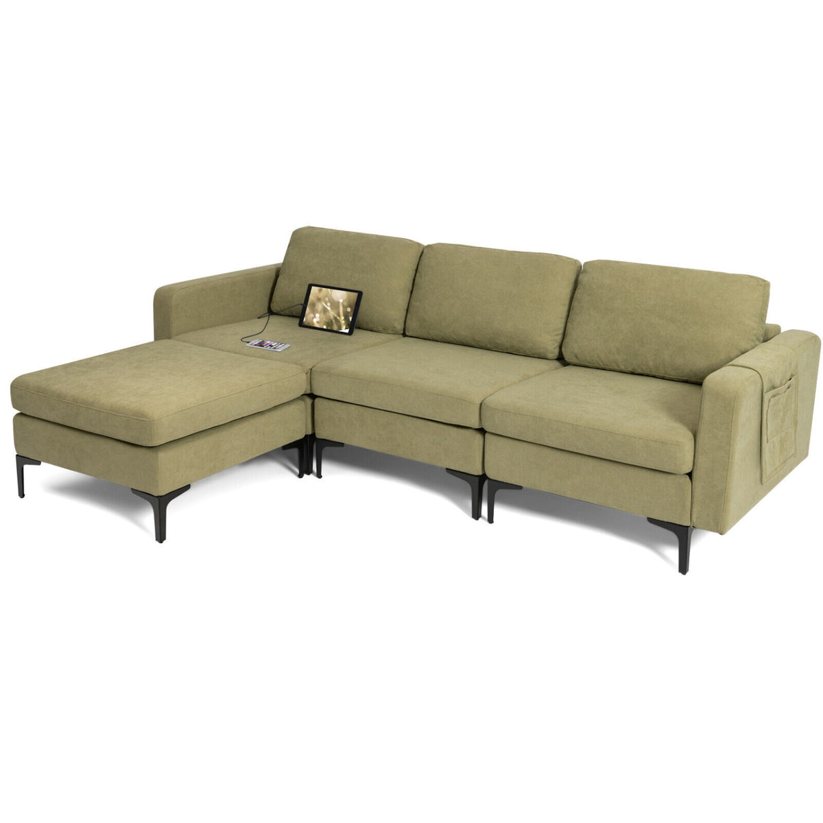 Modular L-shaped Sectional Sofa with Reversible Chaise and 2 USB Ports-Green-Sofas & Loveseats-DECOROLALA
