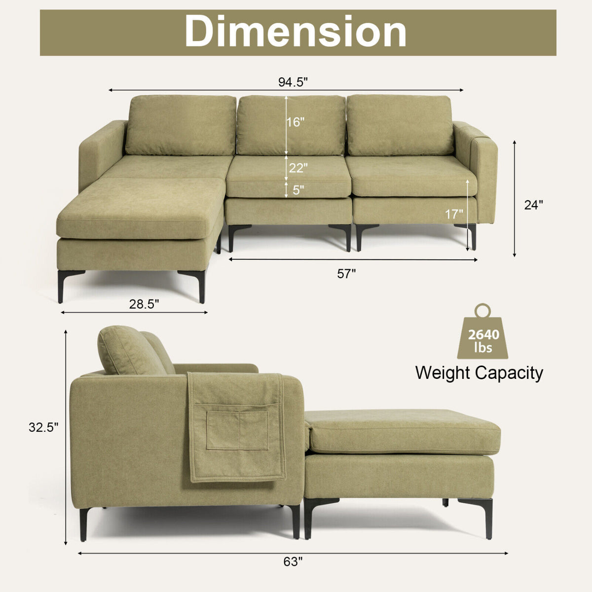 Modular L-shaped Sectional Sofa with Reversible Chaise and 2 USB Ports-Green-Sofas & Loveseats-DECOROLALA