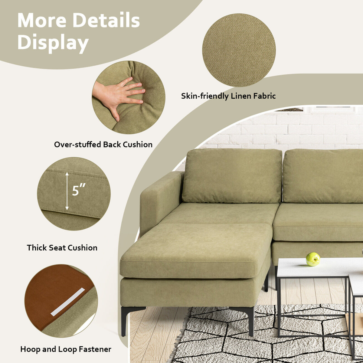 Modular L-shaped Sectional Sofa with Reversible Chaise and 2 USB Ports-Green-Sofas & Loveseats-DECOROLALA