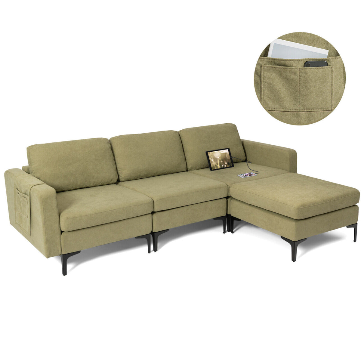 Modular L-shaped Sectional Sofa with Reversible Chaise and 2 USB Ports-Green-Sofas & Loveseats-DECOROLALA