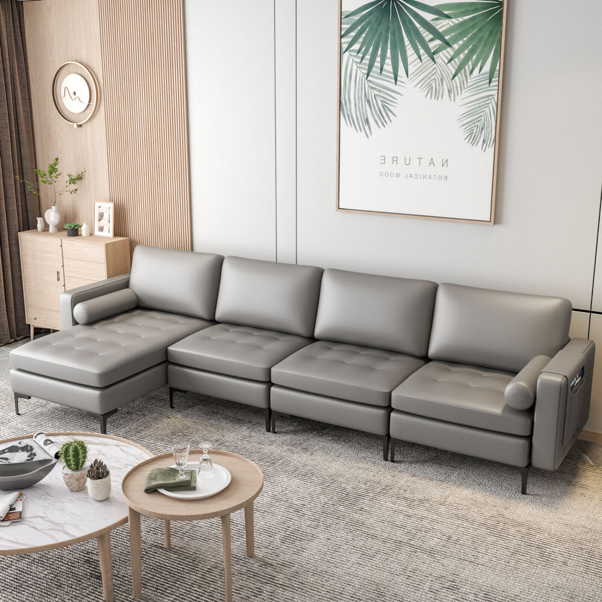 Modular L-shaped Sectional Sofa with Reversible Chaise and 2 USB Ports-Light Gray-Sofas & Loveseats-DECOROLALA
