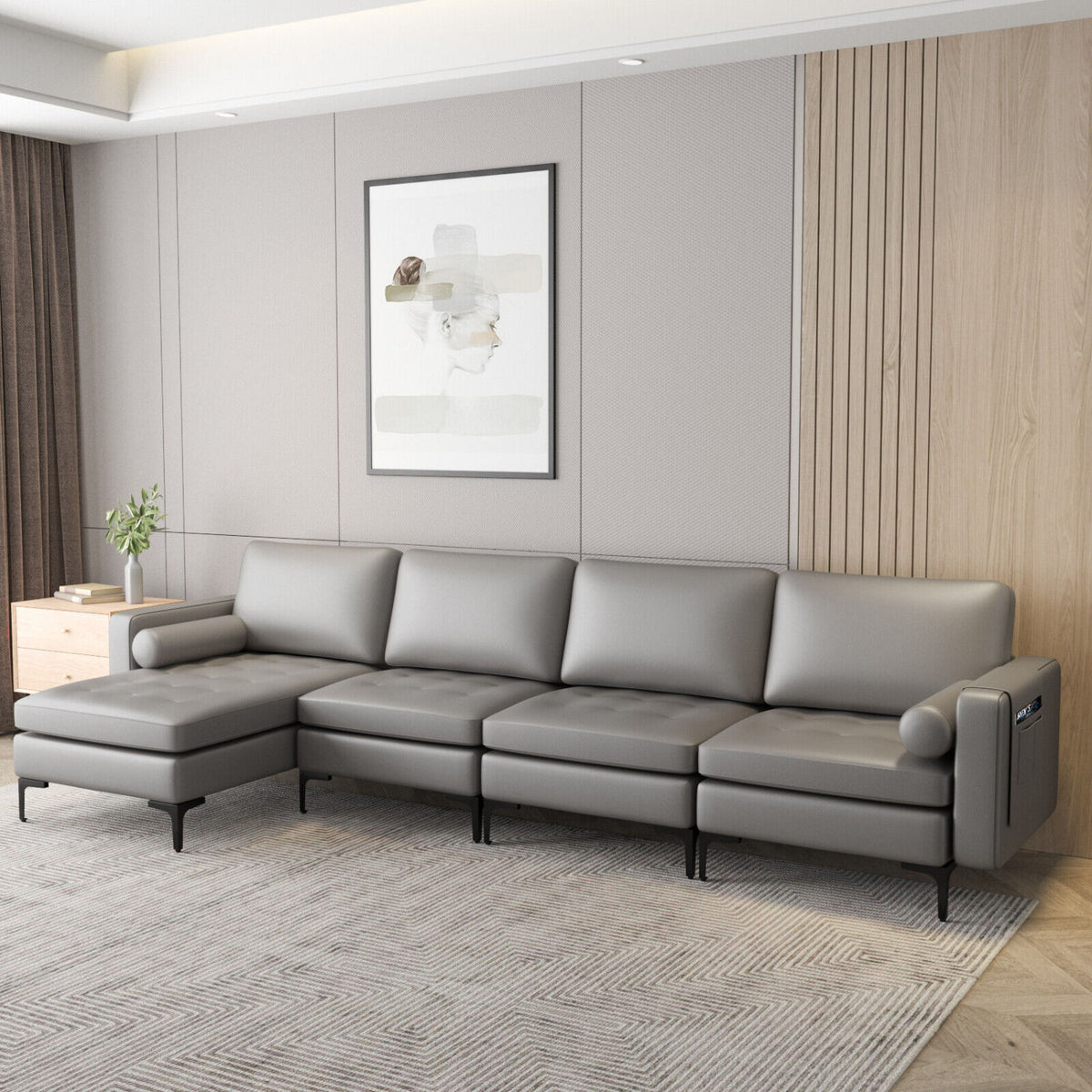 Modular L-shaped Sectional Sofa with Reversible Chaise and 2 USB Ports-Light Gray-Sofas & Loveseats-DECOROLALA