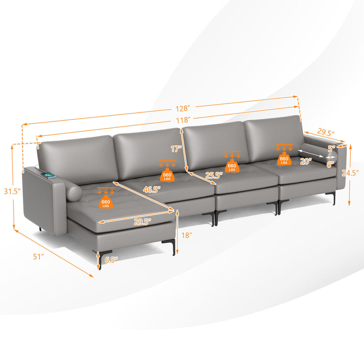Modular L-shaped Sectional Sofa with Reversible Chaise and 2 USB Ports-Light Gray-Sofas & Loveseats-DECOROLALA
