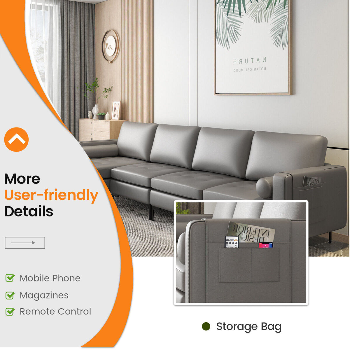 Modular L-shaped Sectional Sofa with Reversible Chaise and 2 USB Ports-Light Gray-Sofas & Loveseats-DECOROLALA