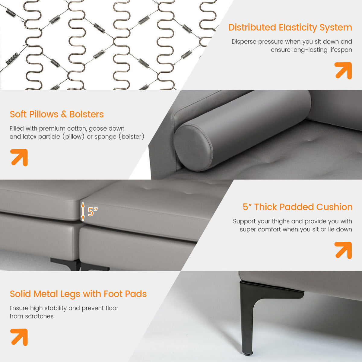 Modular L-shaped Sectional Sofa with Reversible Chaise and 2 USB Ports-Light Gray-Sofas & Loveseats-DECOROLALA