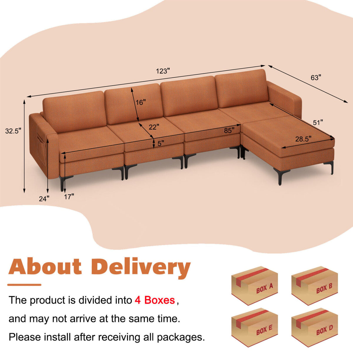 Modular L-shaped Sectional Sofa with Reversible Ottoman - Orange-Sofas & Loveseats-DECOROLALA