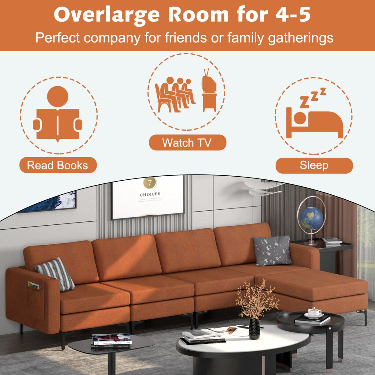 Modular L-shaped Sectional Sofa with Reversible Ottoman - Orange-Sofas & Loveseats-DECOROLALA