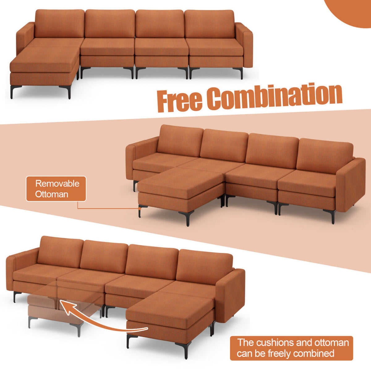 Modular L-shaped Sectional Sofa with Reversible Ottoman - Orange-Sofas & Loveseats-DECOROLALA