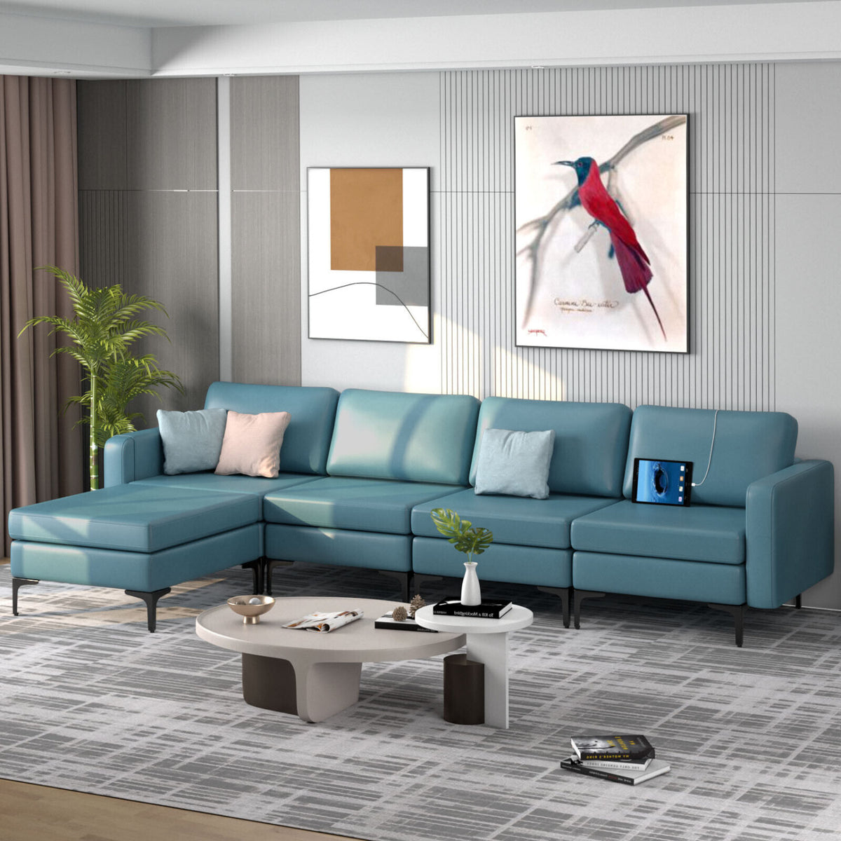 Modular L-shaped Sectional Sofa with Reversible Ottoman and 2 USB Ports-Blue-Sofas & Loveseats-DECOROLALA