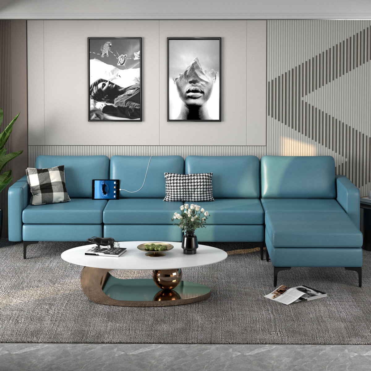 Modular L-shaped Sectional Sofa with Reversible Ottoman and 2 USB Ports-Blue-Sofas & Loveseats-DECOROLALA