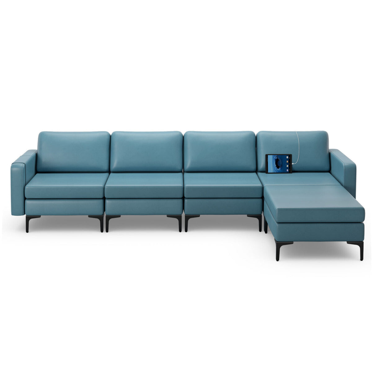 Modular L-shaped Sectional Sofa with Reversible Ottoman and 2 USB Ports-Blue-Sofas & Loveseats-DECOROLALA