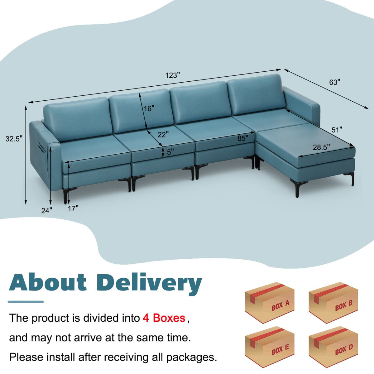 Modular L-shaped Sectional Sofa with Reversible Ottoman and 2 USB Ports-Blue-Sofas & Loveseats-DECOROLALA