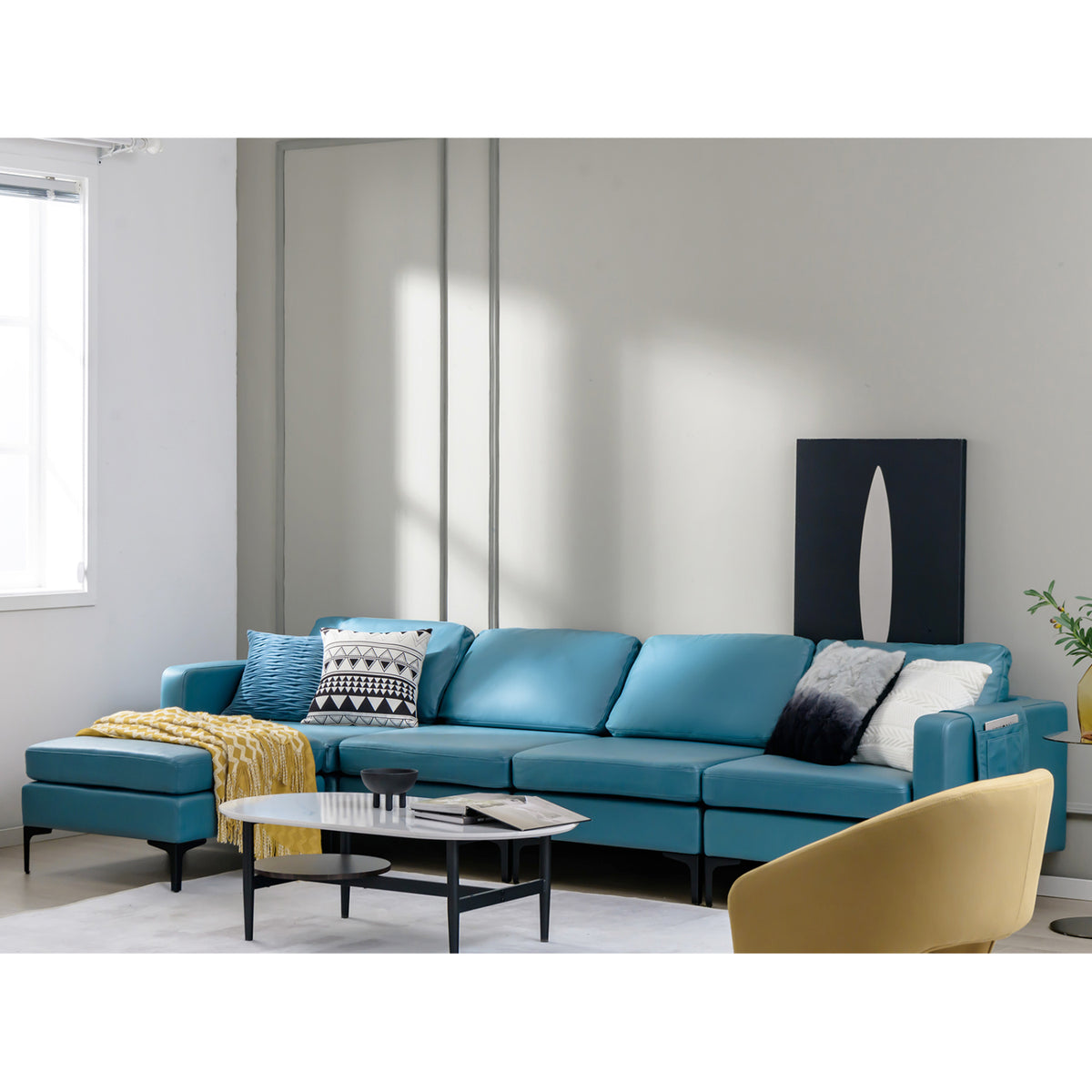 Modular L-shaped Sectional Sofa with Reversible Ottoman and 2 USB Ports-Blue-Sofas & Loveseats-DECOROLALA