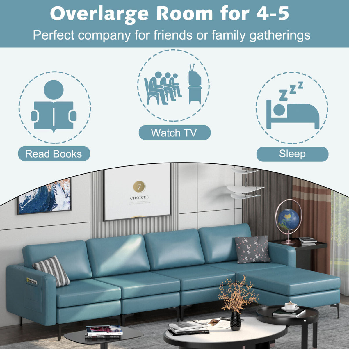 Modular L-shaped Sectional Sofa with Reversible Ottoman and 2 USB Ports-Blue-Sofas & Loveseats-DECOROLALA