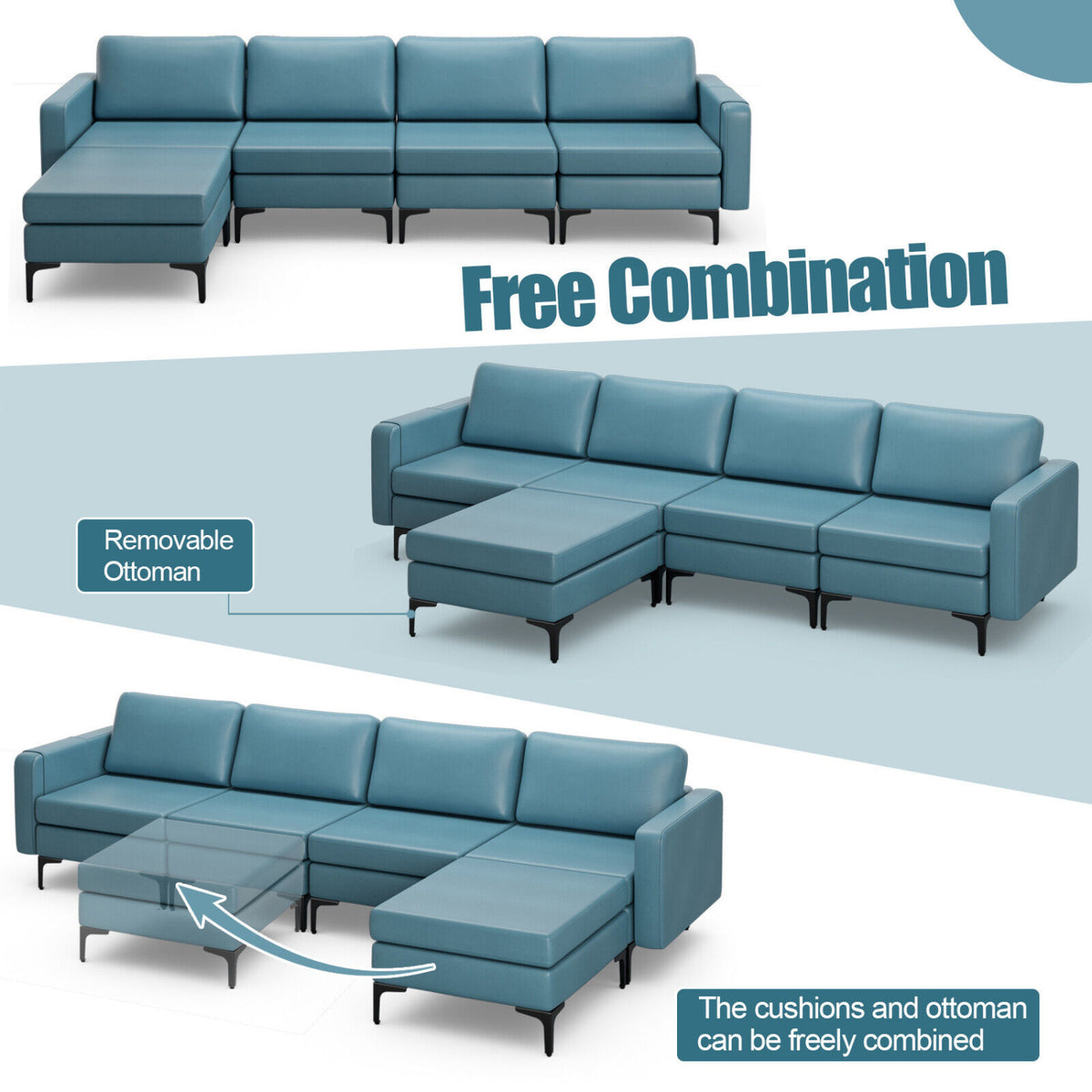 Modular L-shaped Sectional Sofa with Reversible Ottoman and 2 USB Ports-Blue-Sofas & Loveseats-DECOROLALA
