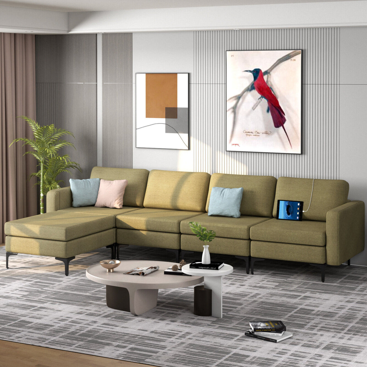 Modular L-shaped Sectional Sofa with Reversible Ottoman and 2 USB Ports-Green-Sofas & Loveseats-DECOROLALA