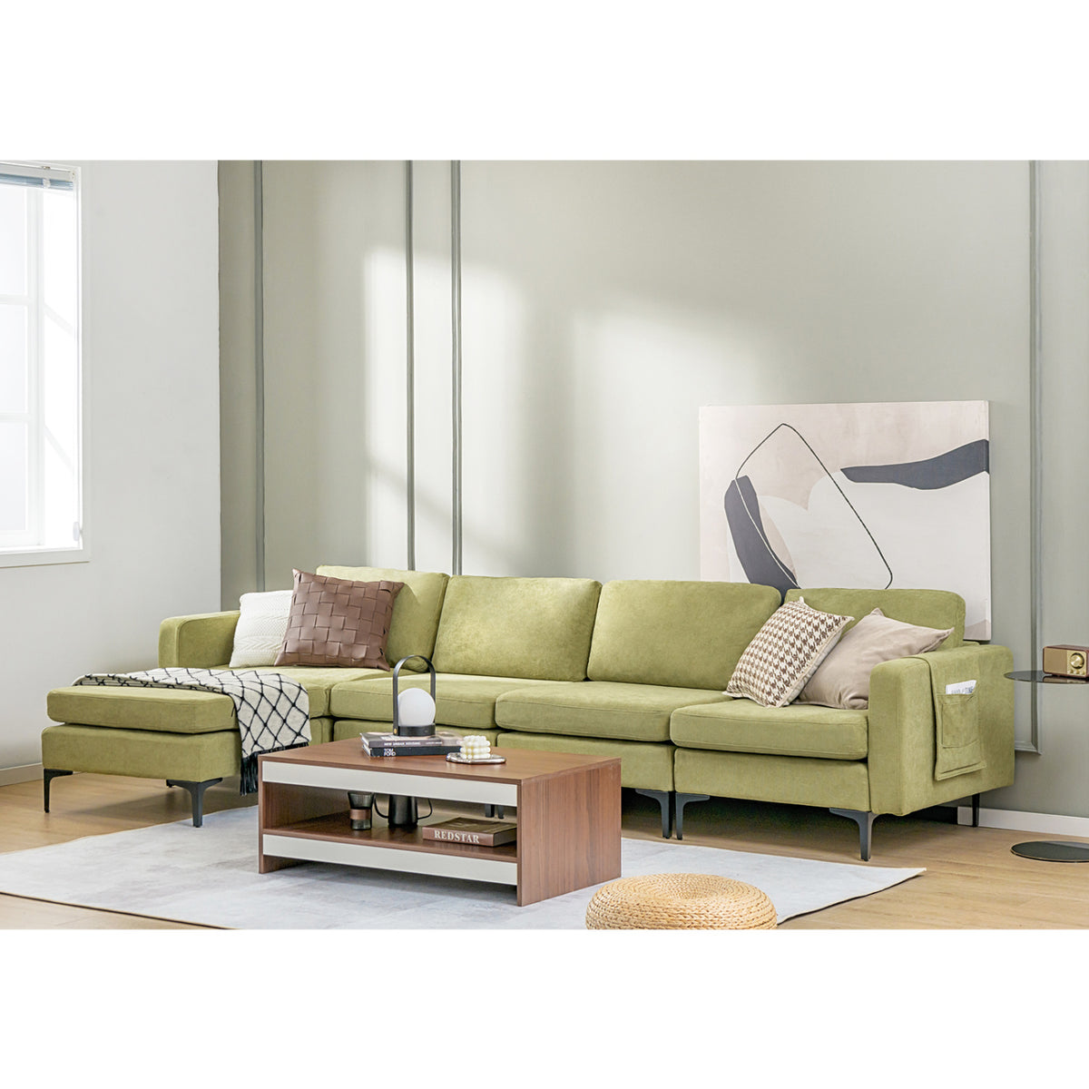 Modular L-shaped Sectional Sofa with Reversible Ottoman and 2 USB Ports-Green-Sofas & Loveseats-DECOROLALA