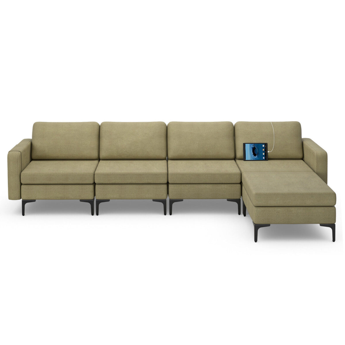 Modular L-shaped Sectional Sofa with Reversible Ottoman and 2 USB Ports-Green-Sofas & Loveseats-DECOROLALA