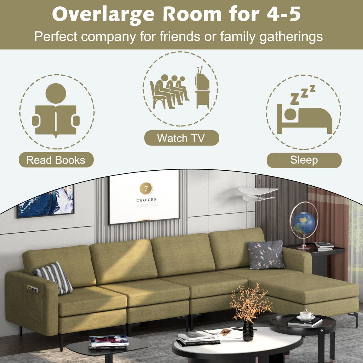 Modular L-shaped Sectional Sofa with Reversible Ottoman and 2 USB Ports-Green-Sofas & Loveseats-DECOROLALA