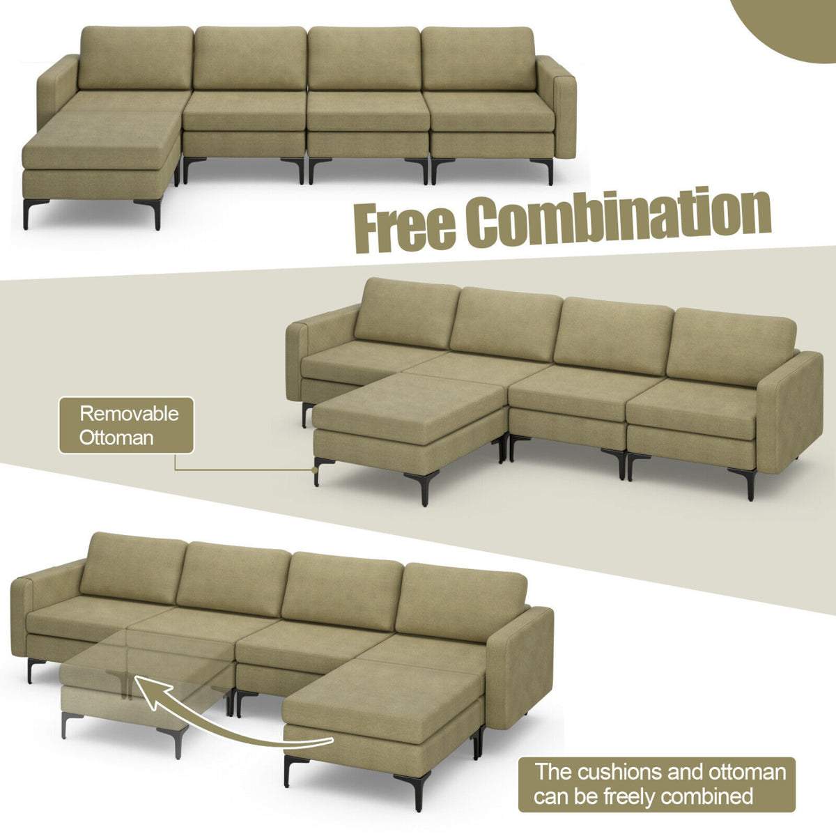 Modular L-shaped Sectional Sofa with Reversible Ottoman and 2 USB Ports-Green-Sofas & Loveseats-DECOROLALA