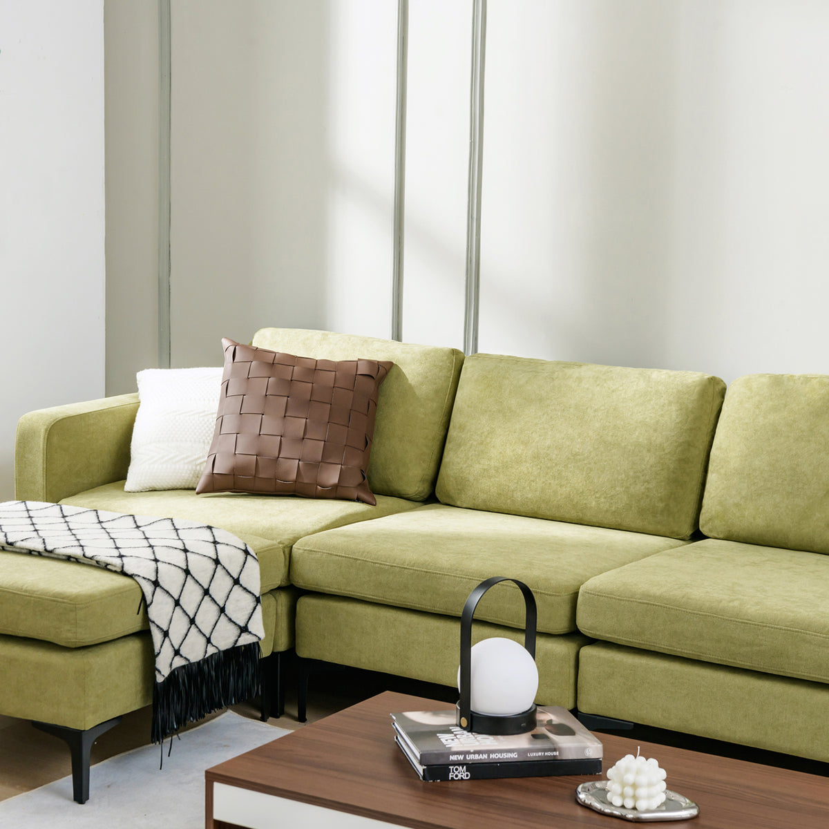 Modular L-shaped Sectional Sofa with Reversible Ottoman and 2 USB Ports-Green-Sofas & Loveseats-DECOROLALA