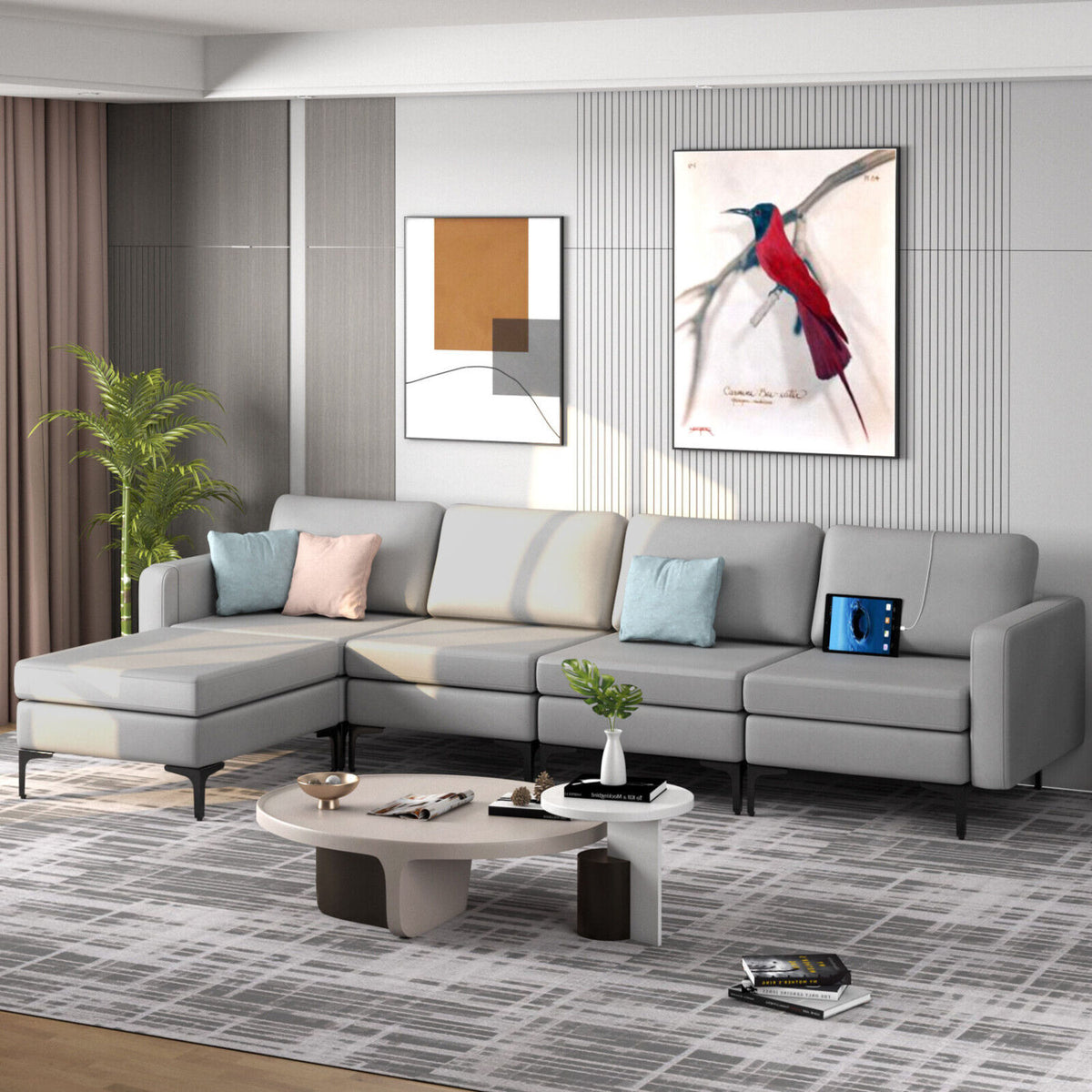 Modular L-shaped Sectional Sofa with Reversible Ottoman and 2 USB Ports-Light Gray-Sofas & Loveseats-DECOROLALA