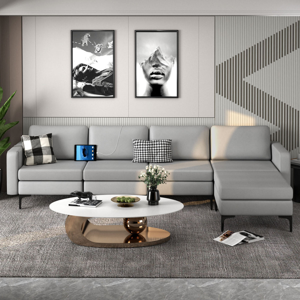 Modular L-shaped Sectional Sofa with Reversible Ottoman and 2 USB Ports-Light Gray-Sofas & Loveseats-DECOROLALA