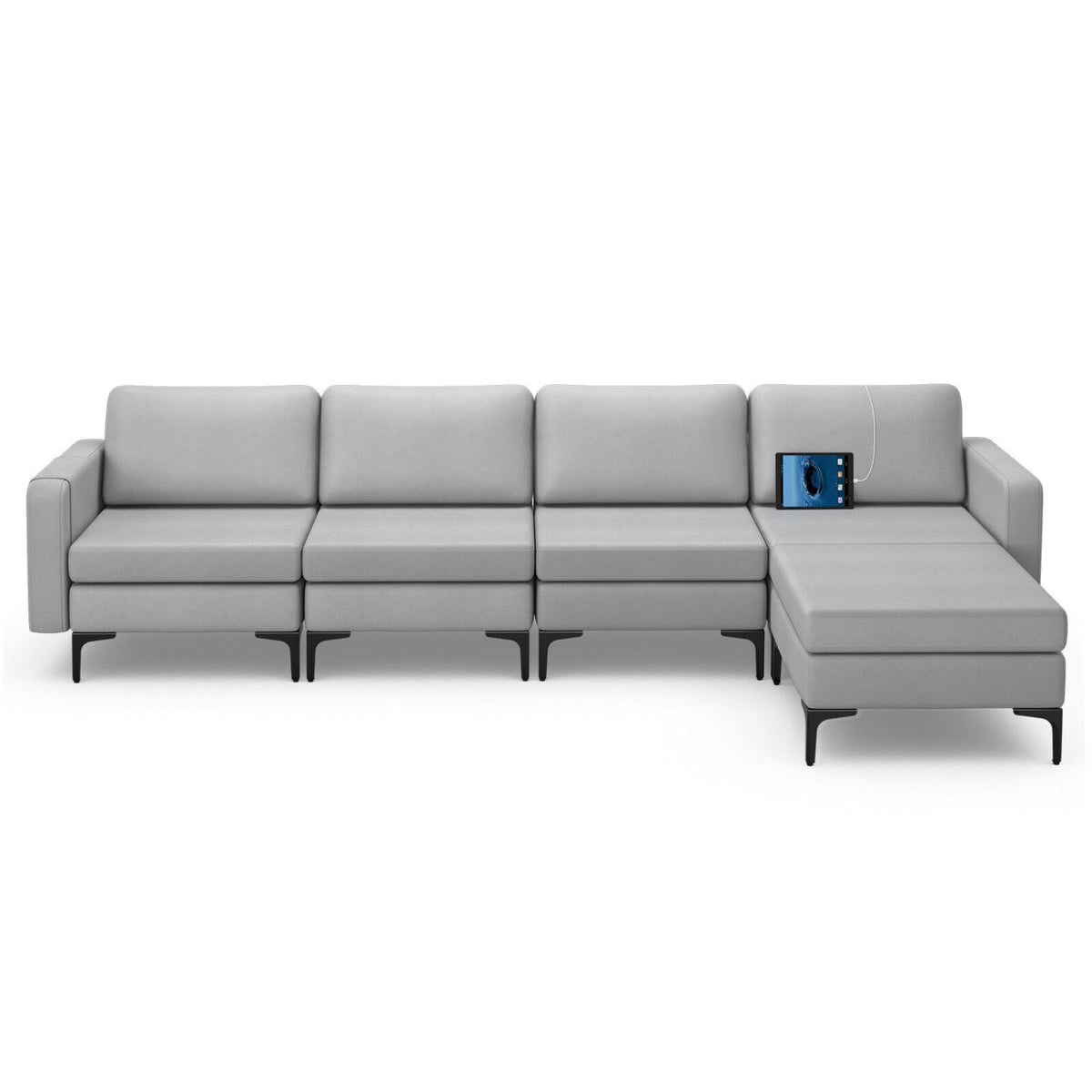 Modular L-shaped Sectional Sofa with Reversible Ottoman and 2 USB Ports-Light Gray-Sofas & Loveseats-DECOROLALA