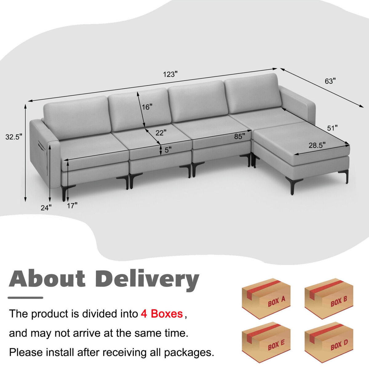 Modular L-shaped Sectional Sofa with Reversible Ottoman and 2 USB Ports-Light Gray-Sofas & Loveseats-DECOROLALA