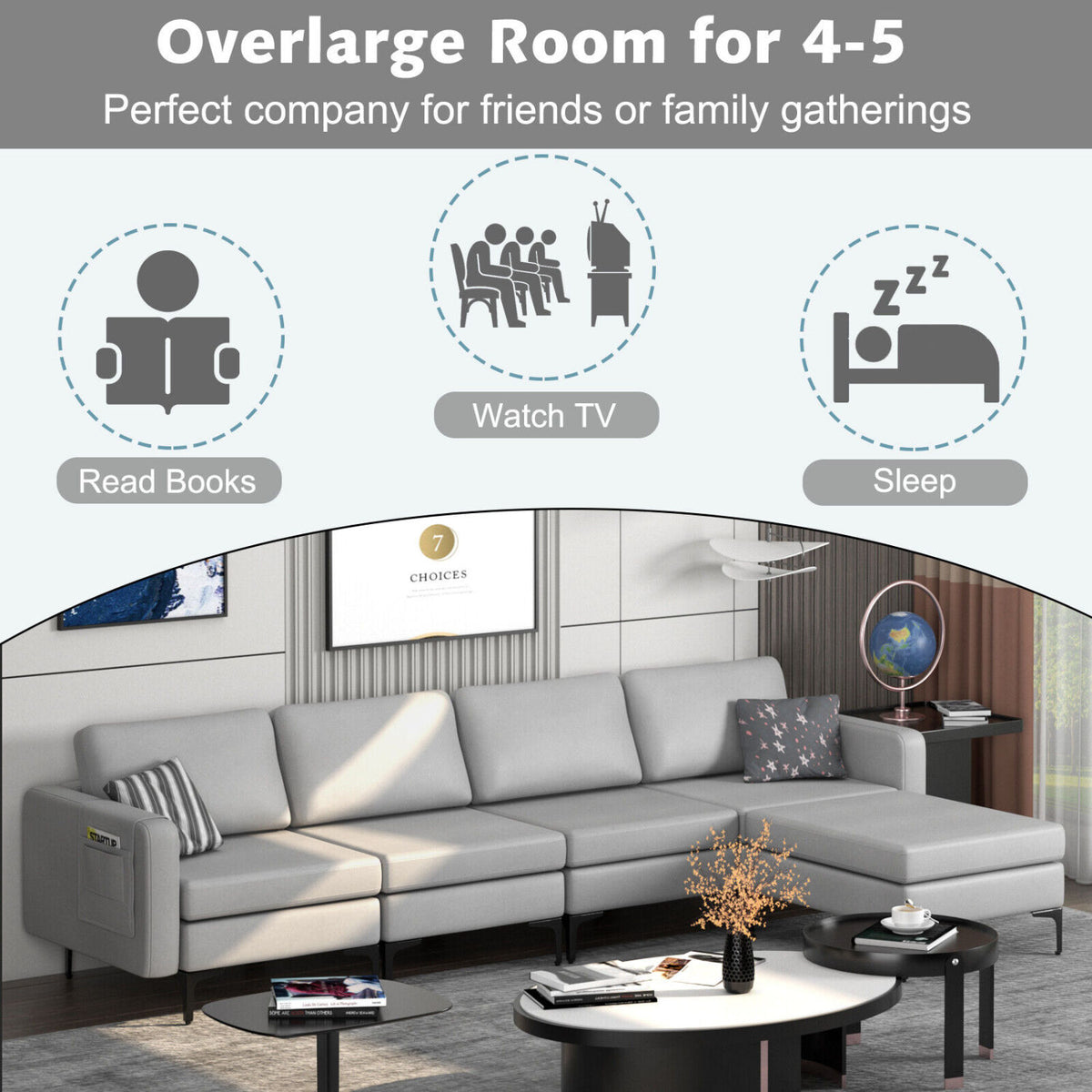 Modular L-shaped Sectional Sofa with Reversible Ottoman and 2 USB Ports-Light Gray-Sofas & Loveseats-DECOROLALA