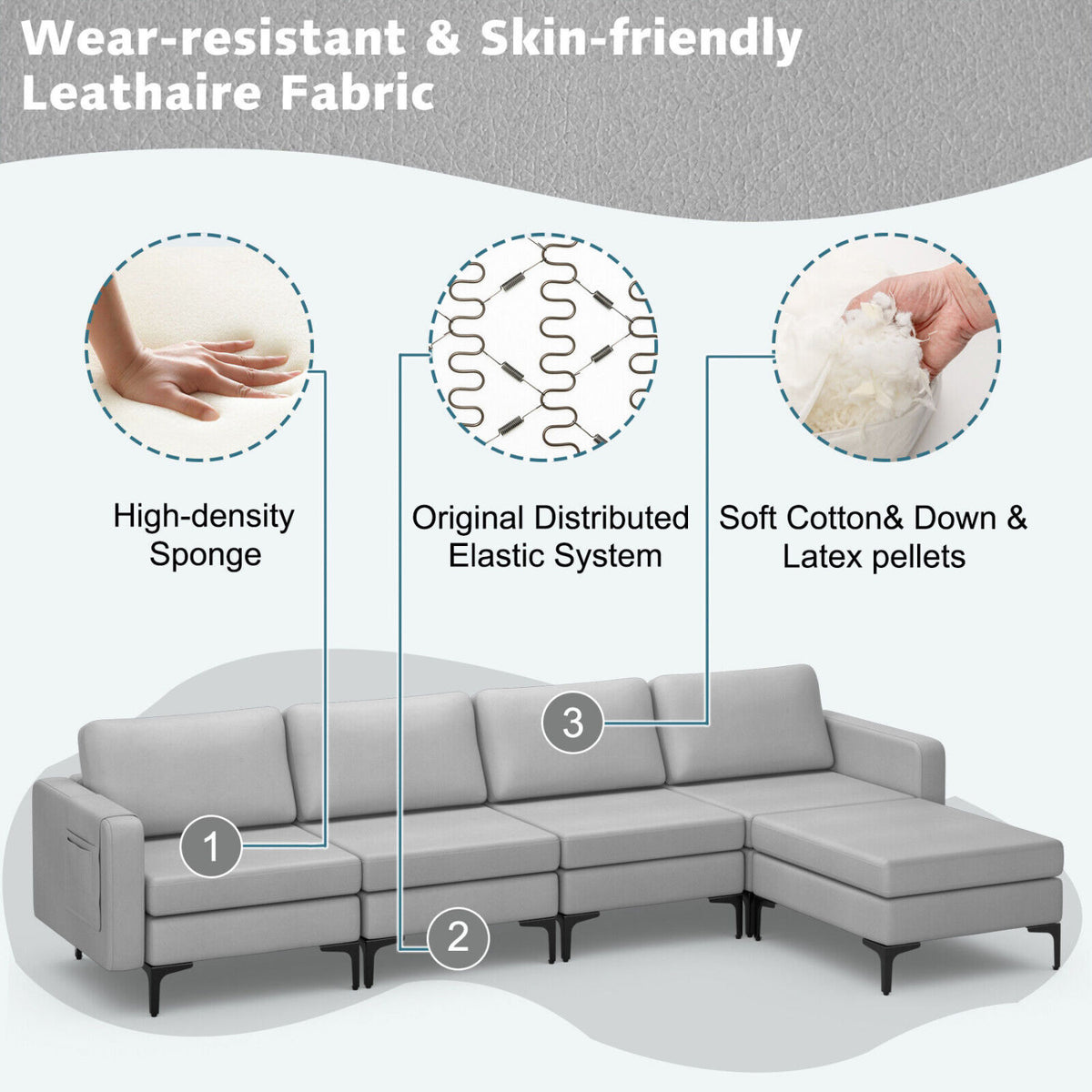 Modular L-shaped Sectional Sofa with Reversible Ottoman and 2 USB Ports-Light Gray-Sofas & Loveseats-DECOROLALA