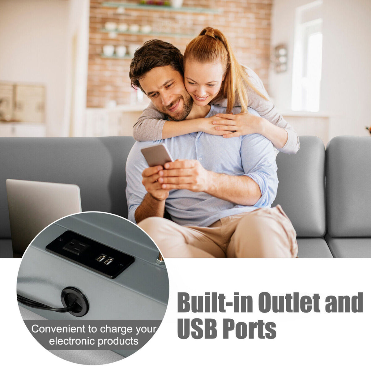 Modular L-shaped Sectional Sofa with Reversible Ottoman and 2 USB Ports-Light Gray-Sofas & Loveseats-DECOROLALA