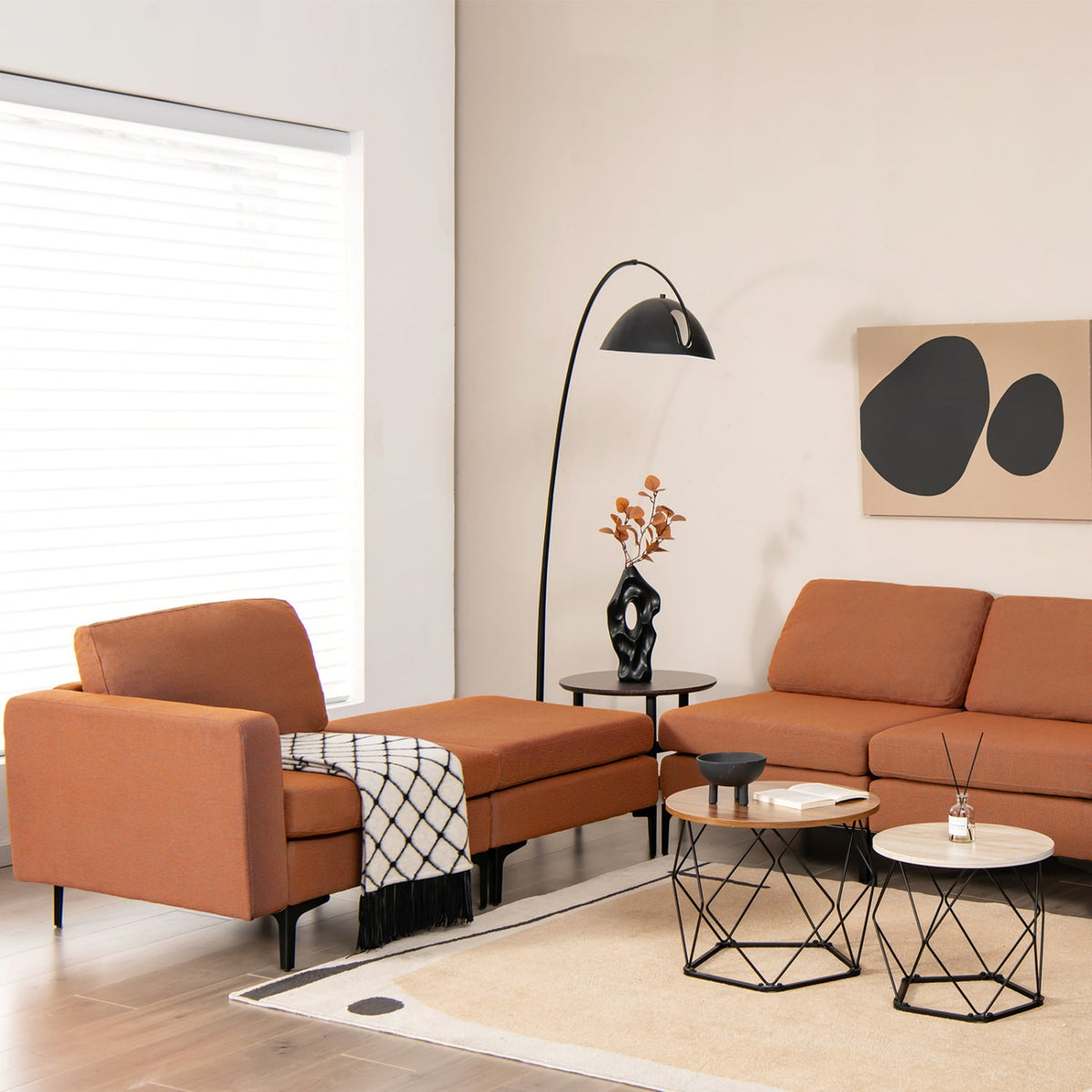 Modular L-shaped Sectional Sofa with Reversible Ottoman - Orange-Sofas & Loveseats-DECOROLALA