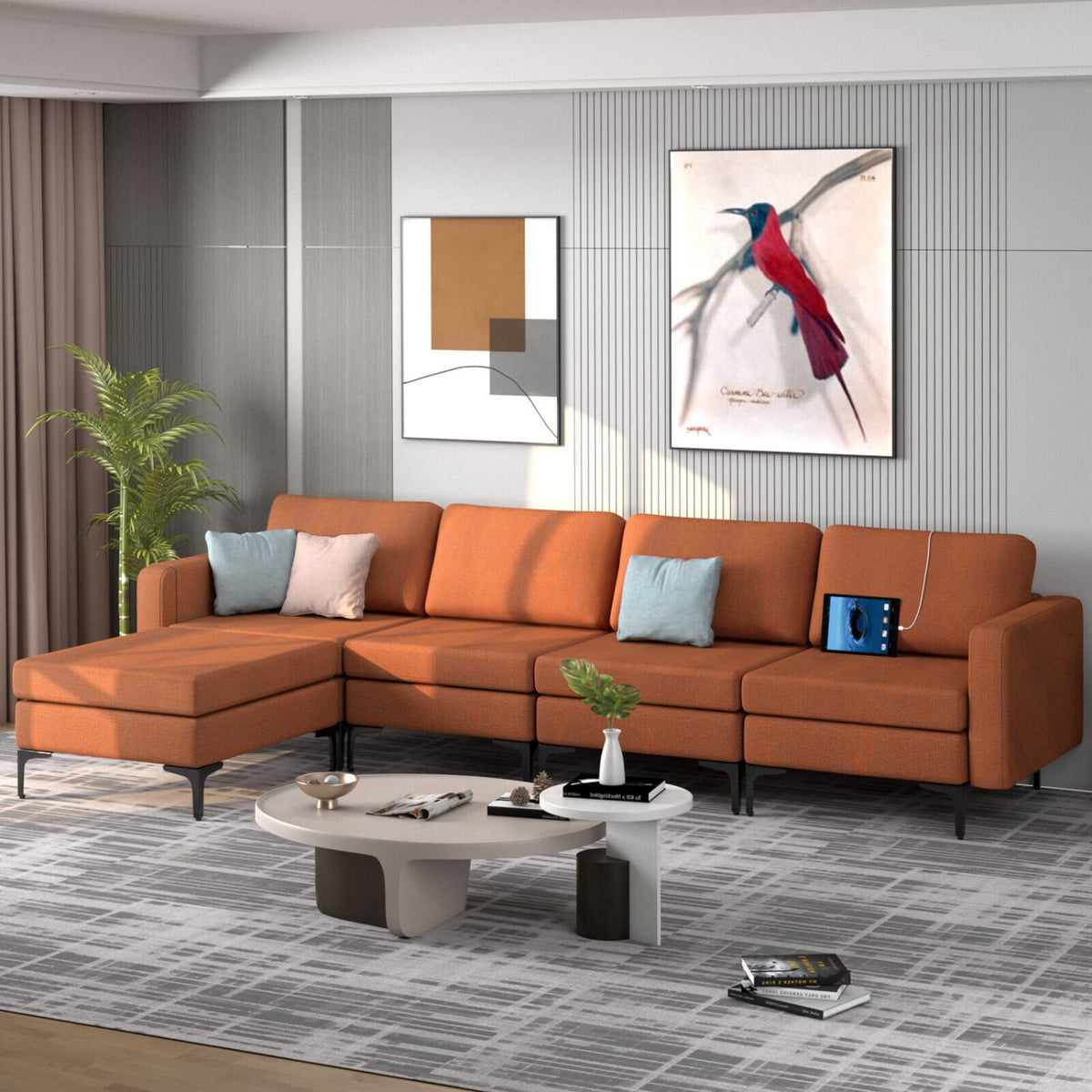 Modular L-shaped Sectional Sofa with Reversible Ottoman - Orange-Sofas & Loveseats-DECOROLALA