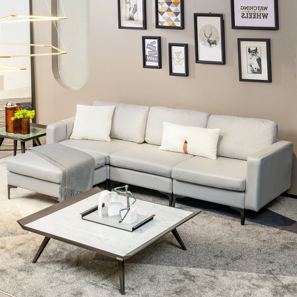 Modular Modern L-shaped Sectional Sofa with Reversible Chaise and 2 USB Ports-Light Gray-Sofas & Loveseats-DECOROLALA