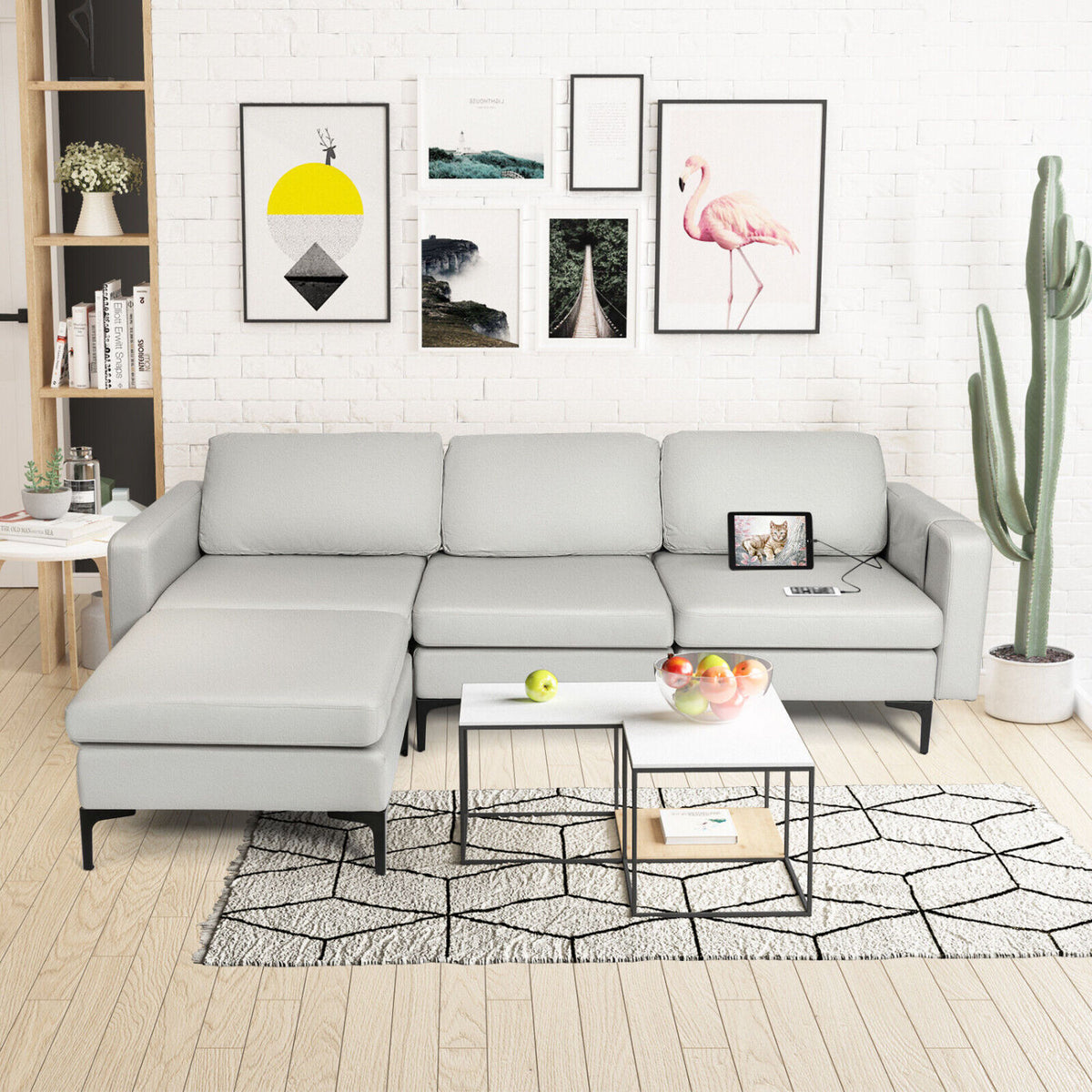 Modular Modern L-shaped Sectional Sofa with Reversible Chaise and 2 USB Ports-Light Gray-Sofas & Loveseats-DECOROLALA