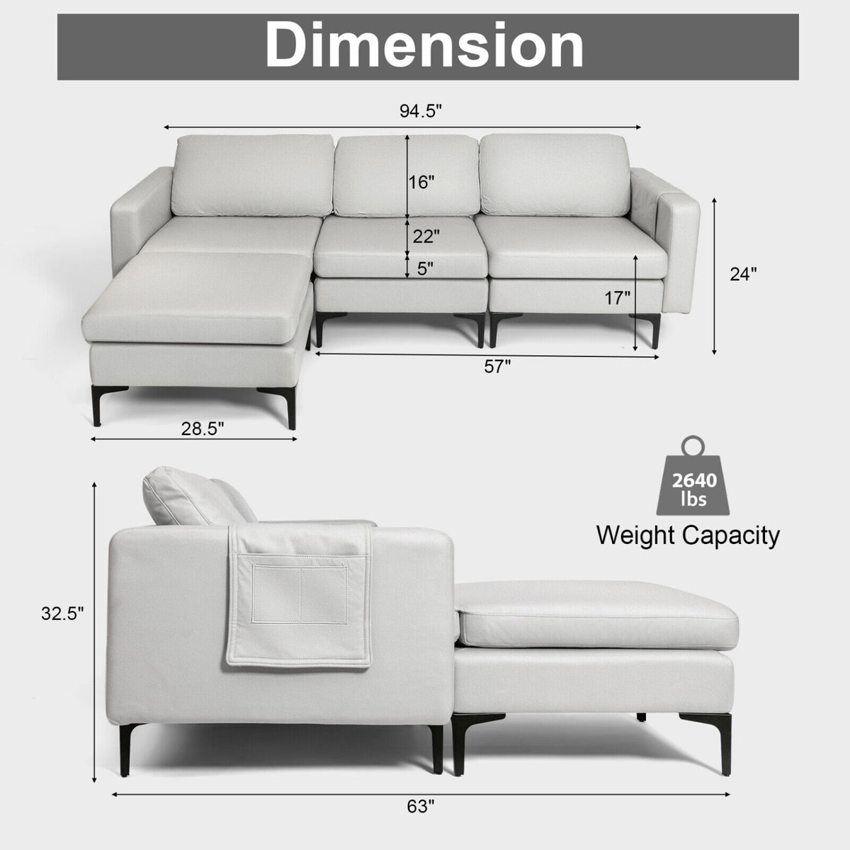 Modular Modern L-shaped Sectional Sofa with Reversible Chaise and 2 USB Ports-Light Gray-Sofas & Loveseats-DECOROLALA