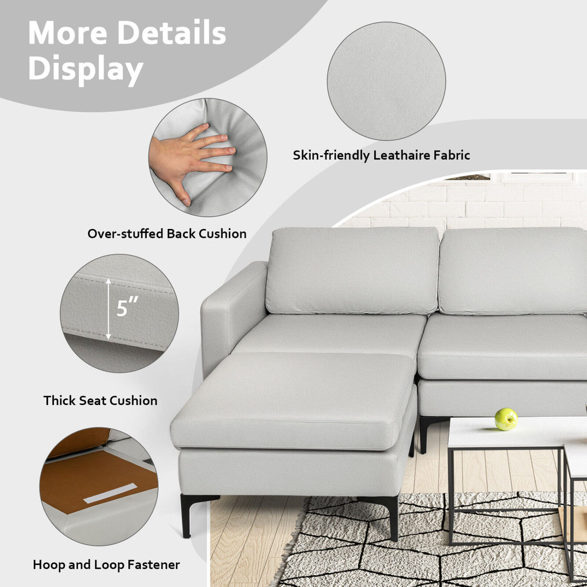 Modular Modern L-shaped Sectional Sofa with Reversible Chaise and 2 USB Ports-Light Gray-Sofas & Loveseats-DECOROLALA
