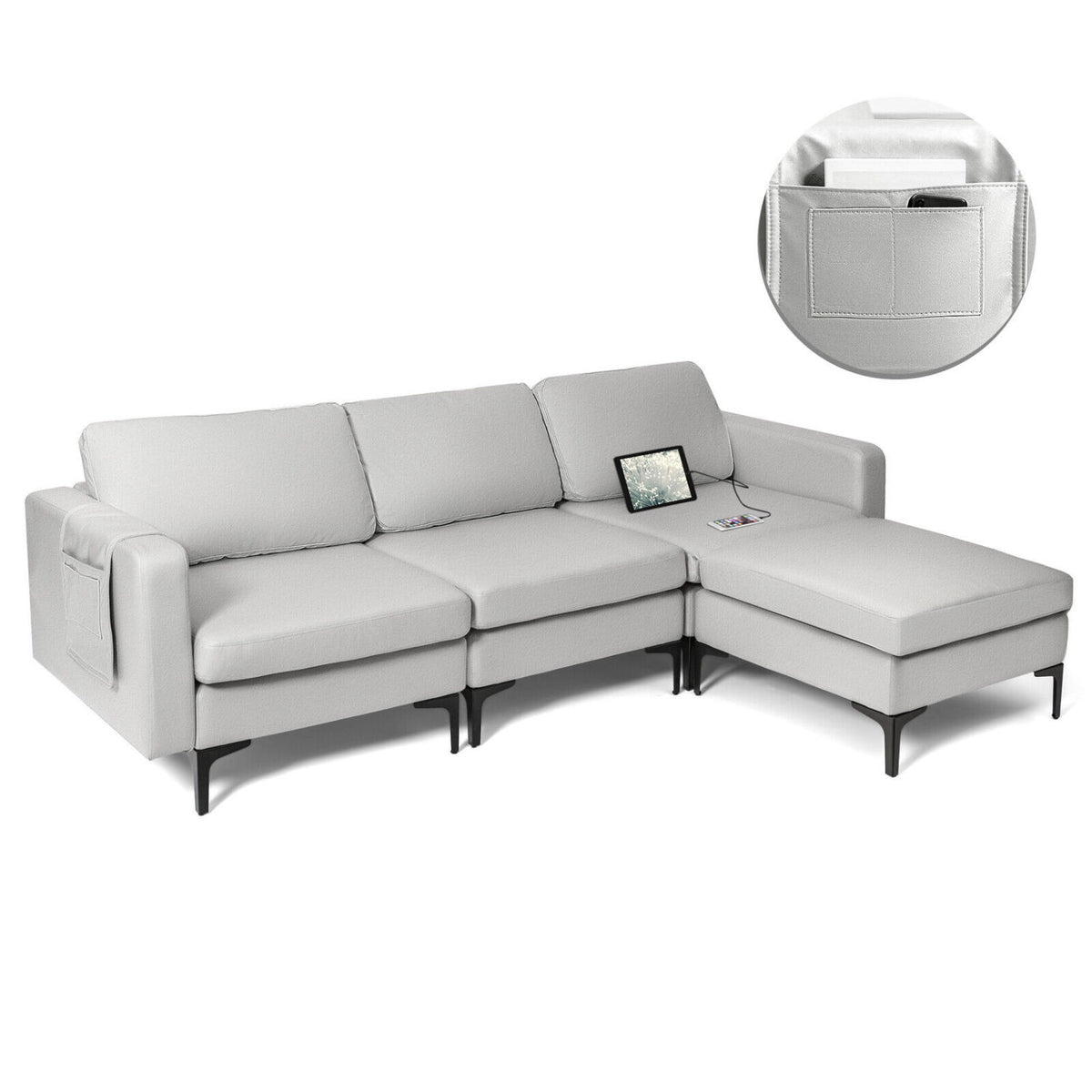 Modular Modern L-shaped Sectional Sofa with Reversible Chaise and 2 USB Ports-Light Gray-Sofas & Loveseats-DECOROLALA