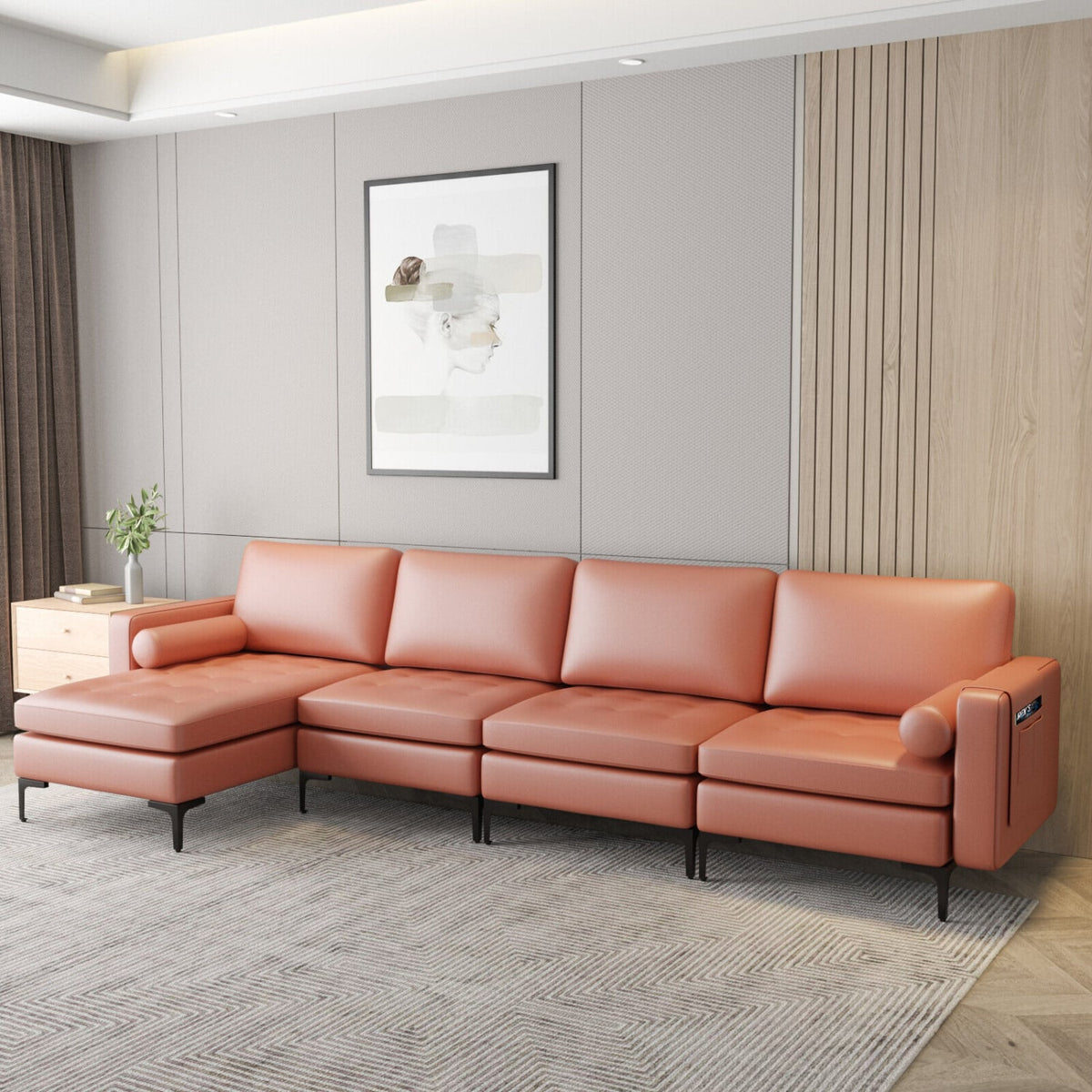 Modern L-Shaped Sectional Sofa - Pink Suede with USB Ports-Sofas & Loveseats-DECOROLALA