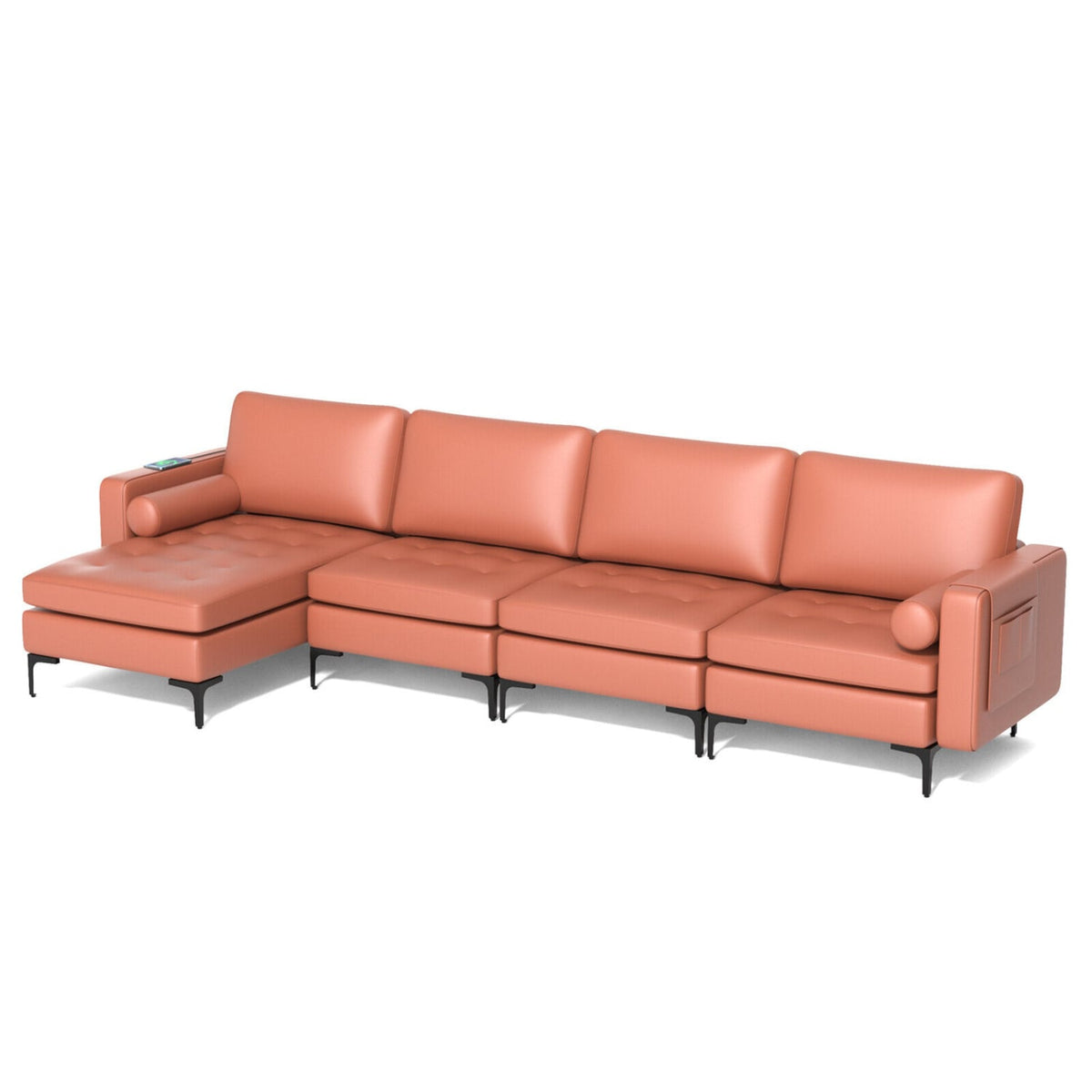 Modern L-Shaped Sectional Sofa - Pink Suede with USB Ports-Sofas & Loveseats-DECOROLALA