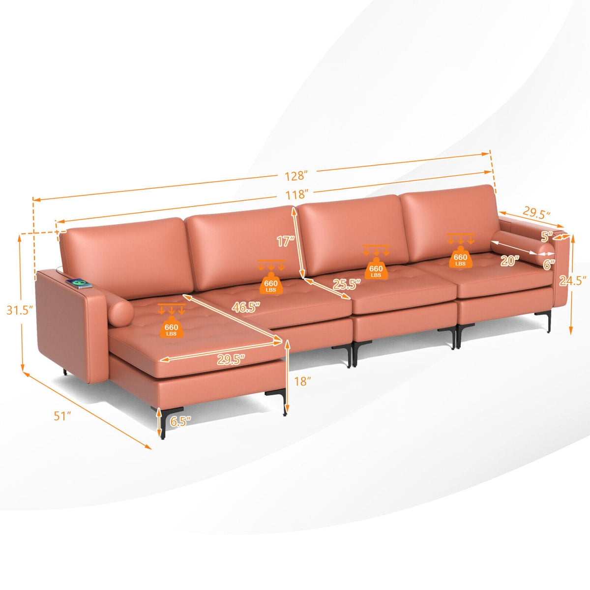 Modern L-Shaped Sectional Sofa - Pink Suede with USB Ports-Sofas & Loveseats-DECOROLALA