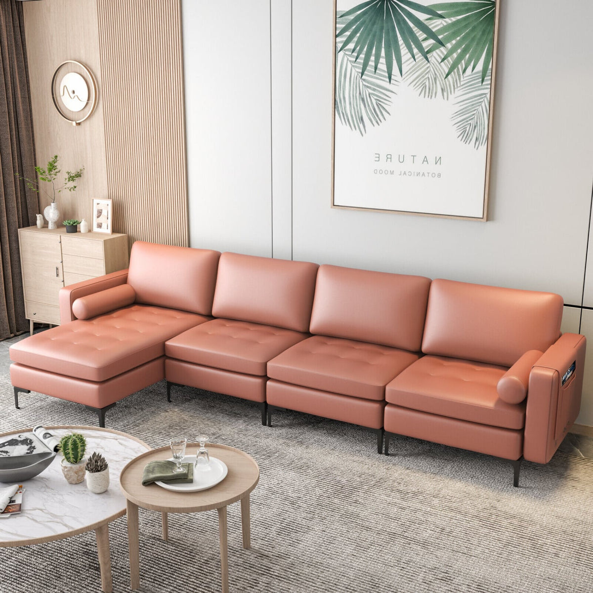 Modern L-Shaped Sectional Sofa - Pink Suede with USB Ports-Sofas & Loveseats-DECOROLALA