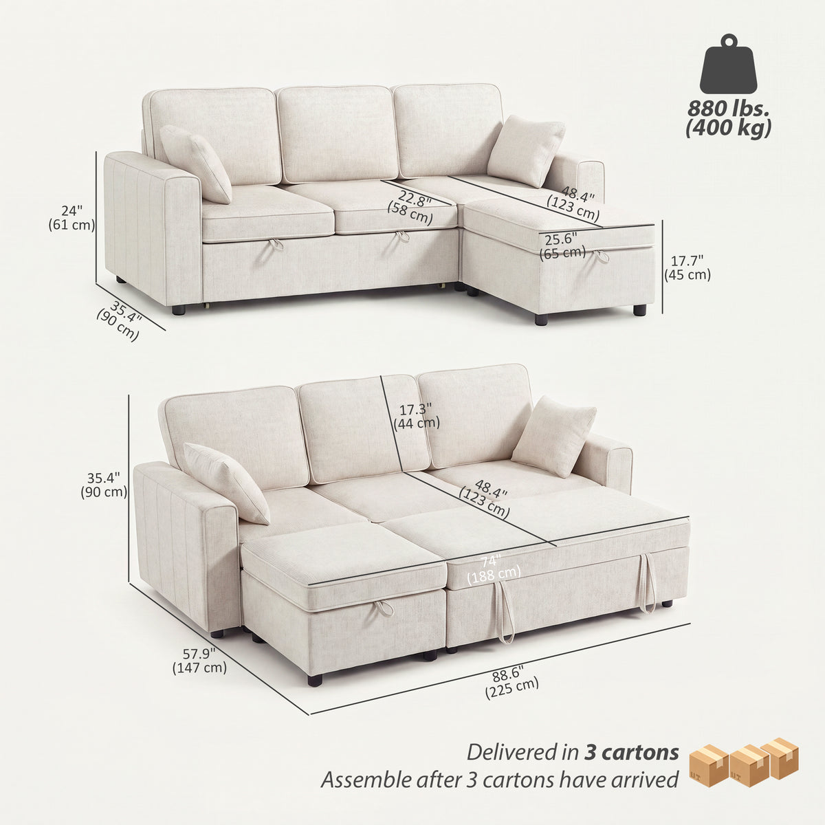 Modular Sectional Sleeper Sofa with Storage Ottoman - Beige-Home Furnishings > Living Room Furniture > Sofas & Reclining Chairs-DECOROLALA