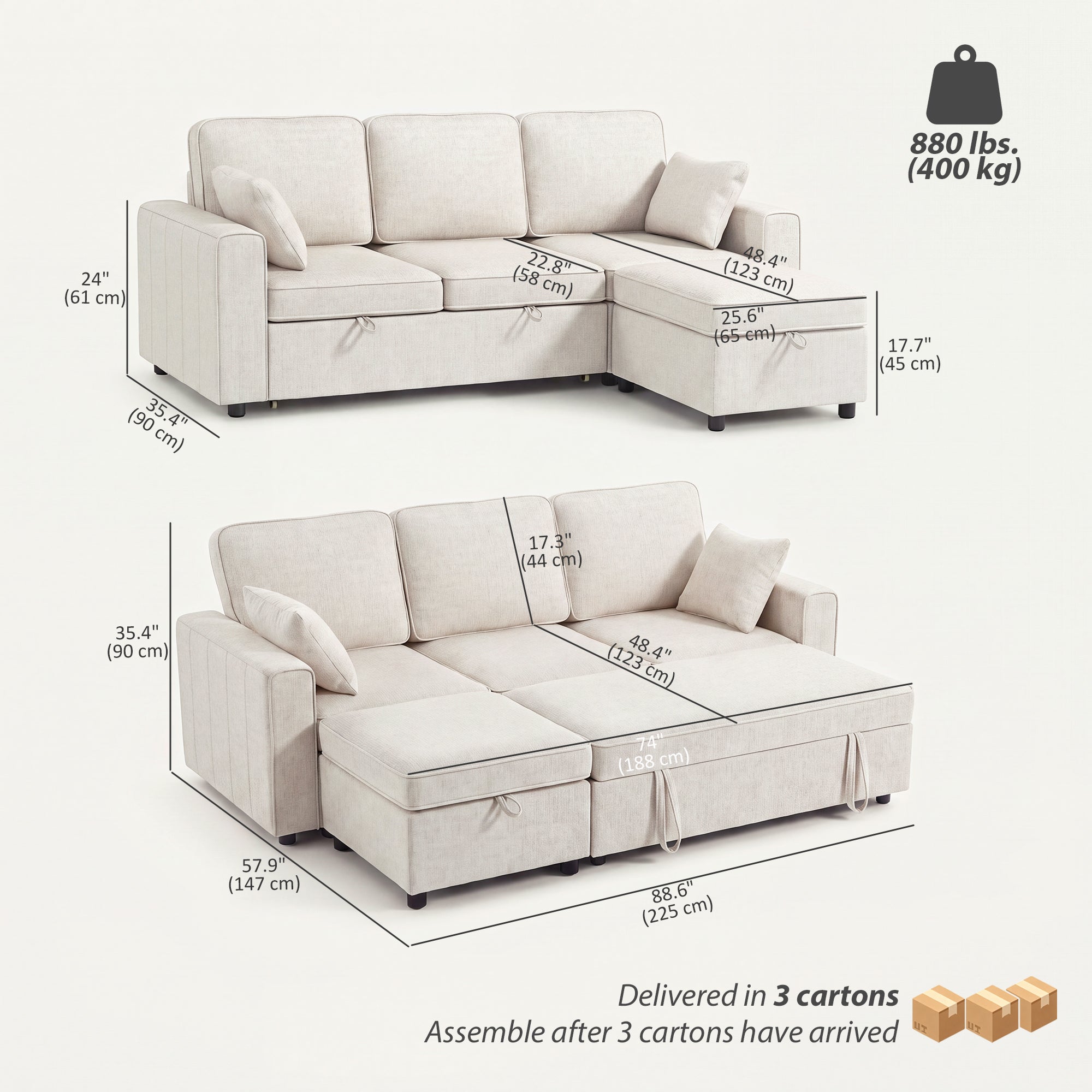 Modular Sectional Sleeper Sofa with Storage Ottoman - Beige-Home Furnishings > Living Room Furniture > Sofas & Reclining Chairs-DECOROLALA