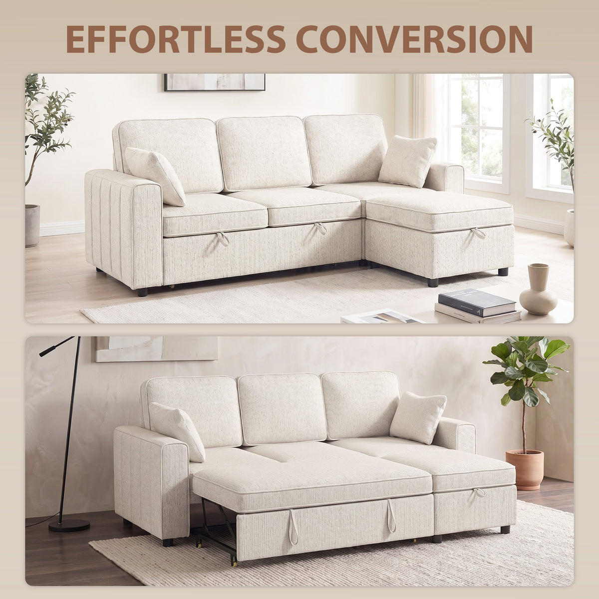 Modular Sectional Sleeper Sofa with Storage Ottoman - Beige-Home Furnishings > Living Room Furniture > Sofas & Reclining Chairs-DECOROLALA