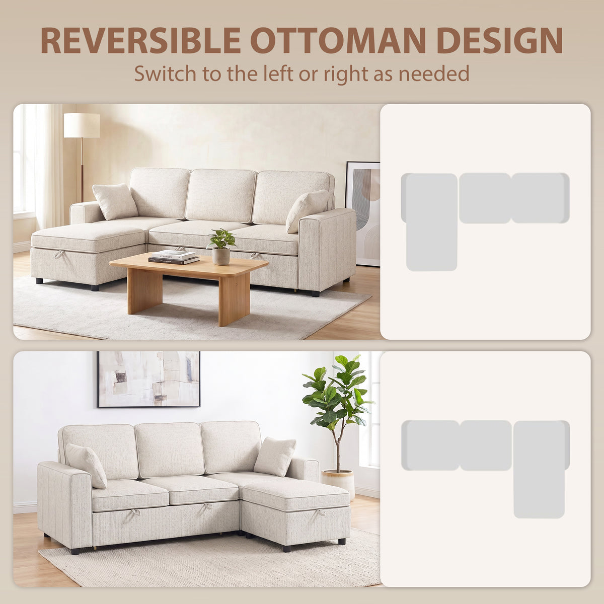 Modular Sectional Sleeper Sofa with Storage Ottoman - Beige-Home Furnishings > Living Room Furniture > Sofas & Reclining Chairs-DECOROLALA