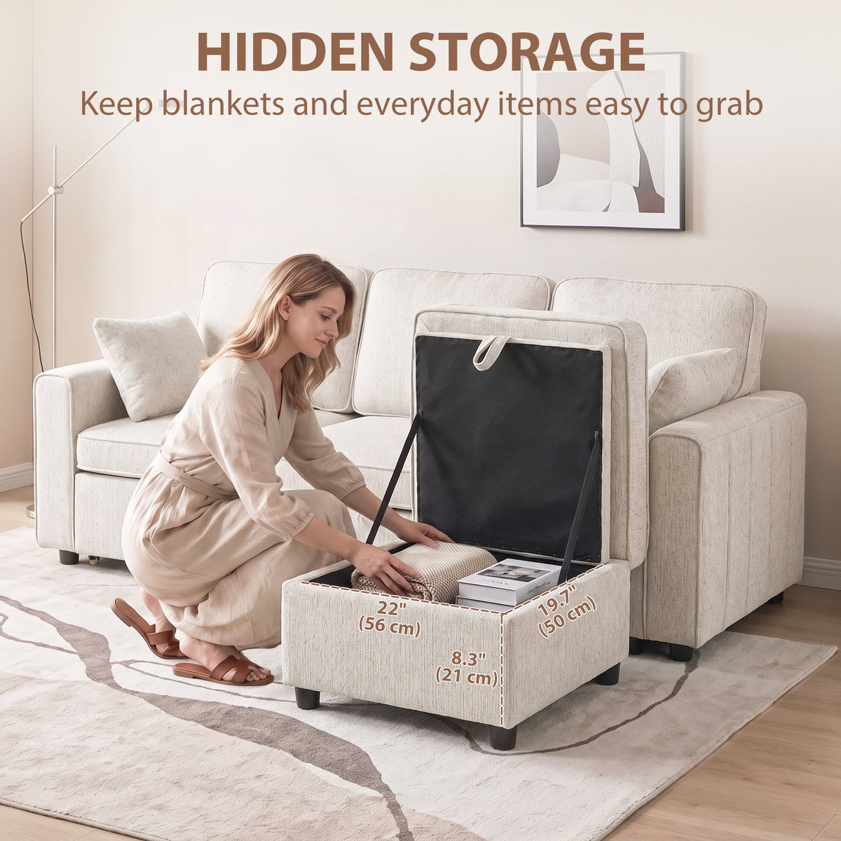 Modular Sectional Sleeper Sofa with Storage Ottoman - Beige-Home Furnishings > Living Room Furniture > Sofas & Reclining Chairs-DECOROLALA