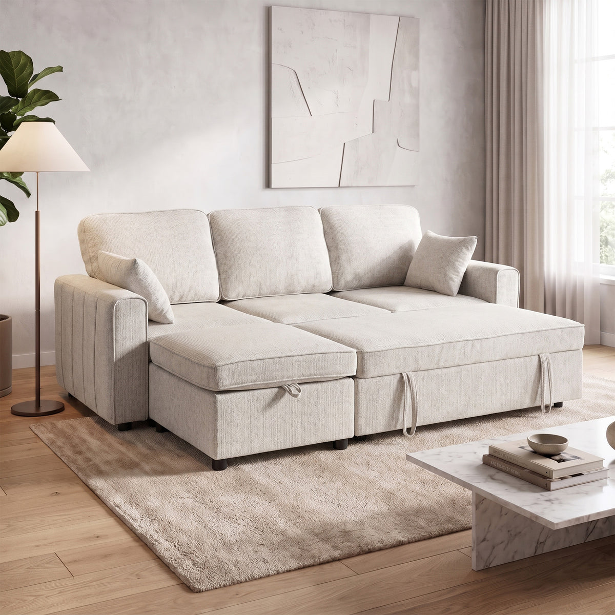 Modular Sectional Sleeper Sofa with Storage Ottoman - Beige-Home Furnishings > Living Room Furniture > Sofas & Reclining Chairs-DECOROLALA
